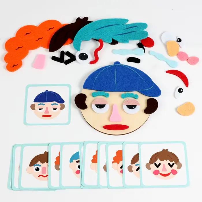 Puzzle changeant d'expressions faciales avec visage en bois et accessoires en tissu feutré