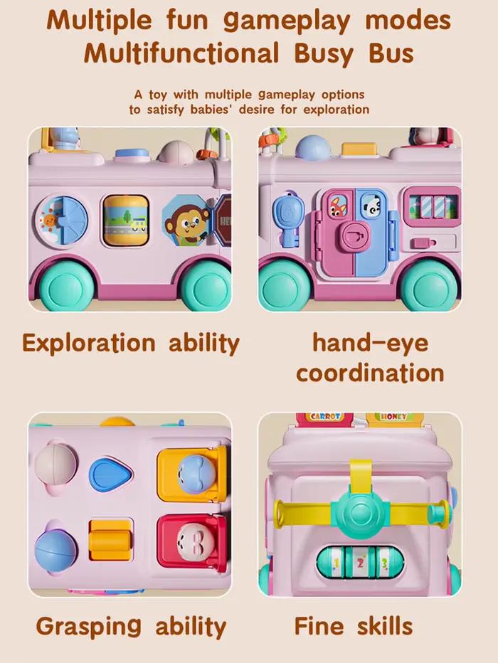 Jouet d'activités multifonctionnel Montessori en forme de bus, planche d'activités STEM pour l'apprentissage précoce, jouet de tri et trotteur à pousser pour tout-petits de 1 à 3 ans, cadeau