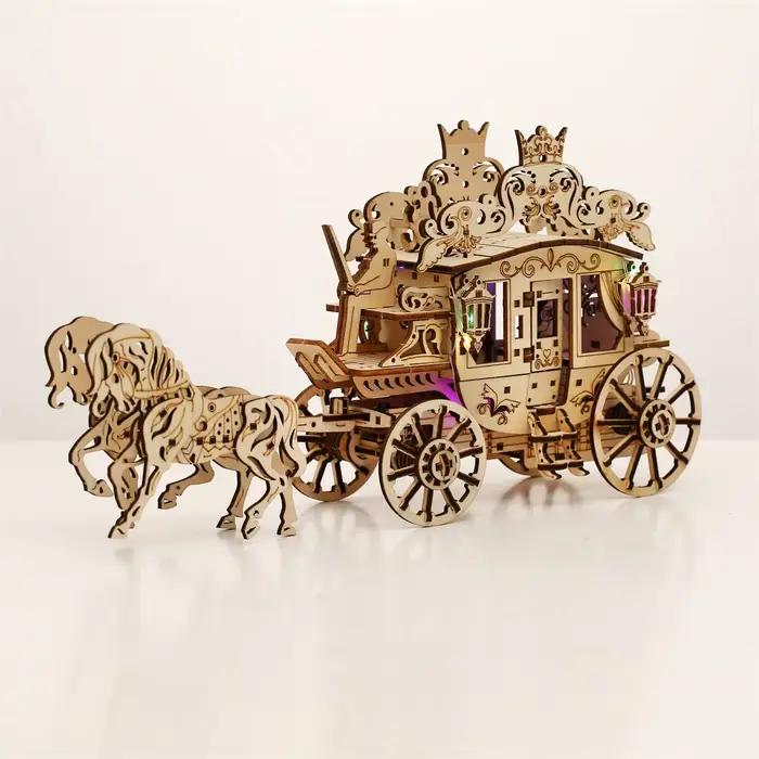 Kit de puzzle 3D chariot à cheval artisanal en bois blanc pour adultes et adolescents occasion décoration festive et cadeau spécial