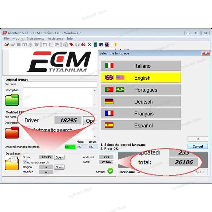 Logiciel de réparation de voiture ECM Titanium 1.61 avec plus de 26000 pilotes, lecture multilingue, décharge, ECU VO, lien avec plus de 18349 pilotes