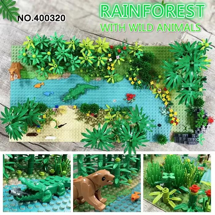 Plaques de Base forêt tropicale herbe verte jungle buisson fleur arbre plantes blocs de construction Animal dinsaus MOC enfants jouet cadeau
