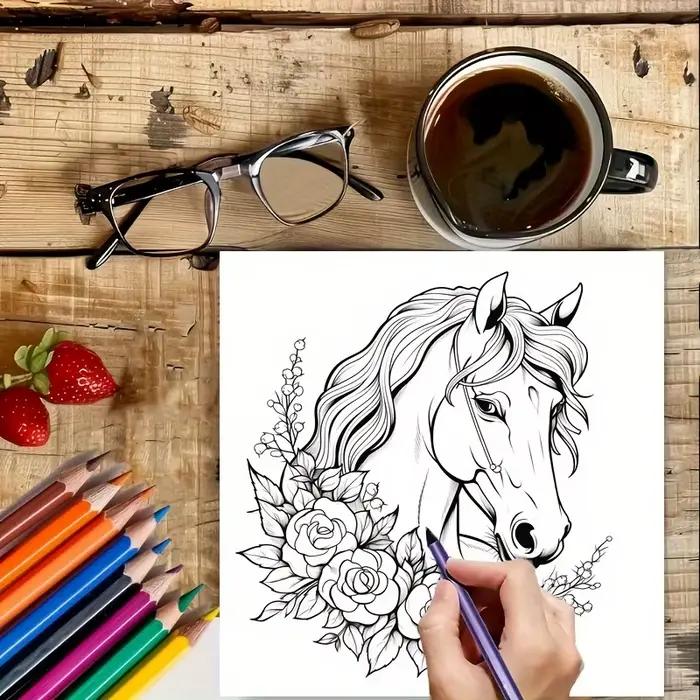 28 pages beau livre de coloriage du monde des chevaux pour la réduction du stress des adultes | Livre de coloriage pour soulager le stress et réduire l'humeur