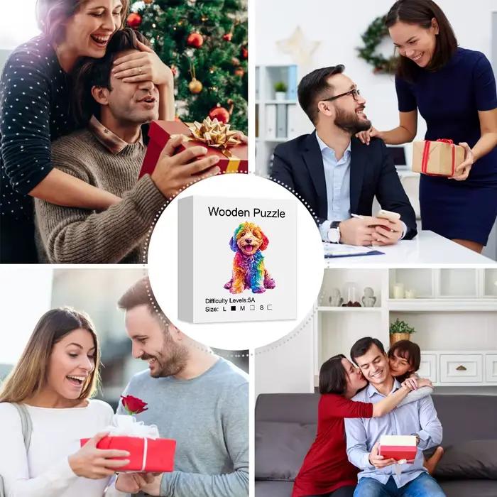 Puzzle en bois coloré avec chien de dessin animé, jouets de puzzle de haute difficulté, entraînement à la concentration pour adultes, cadeaux d'anniversaire de Noël