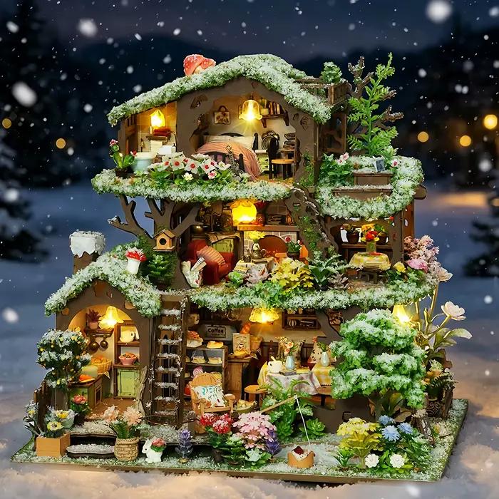 Kit de maison de poupée DIY en bois 3D, maisonnette de forêt hivernale faite à la main, décoration de maison miniature fantaisie, cadeau