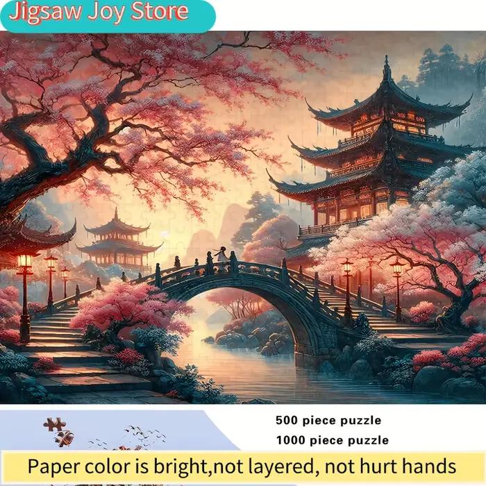500/ Puzzle inspiré du Japon avec des fleurs de cerisier et des pagodes