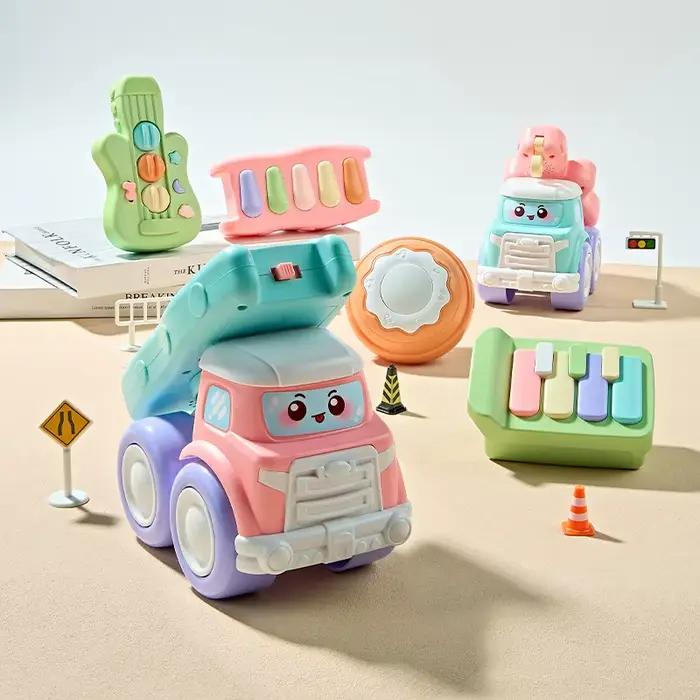 1 adorable camion musical pour bébés, avec piano, guitare et batterie ; excellent véhicule éducatif sensoriel à friction pour les jeunes enfants