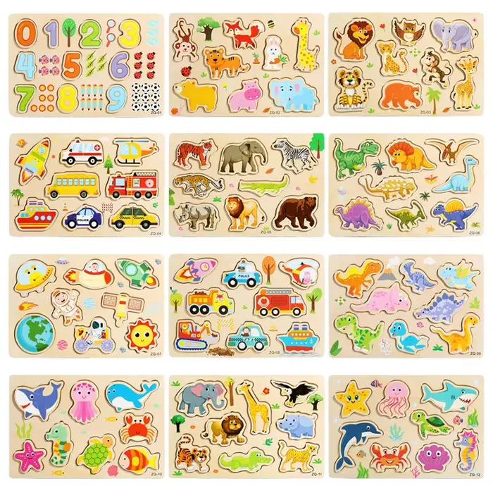 Puzzles en bois pour bébés, jouets pour enfants de 1 2 3 4 ans, voiture de Cognition animale, planche de Puzzle en bois, jouets éducatifs Montessori