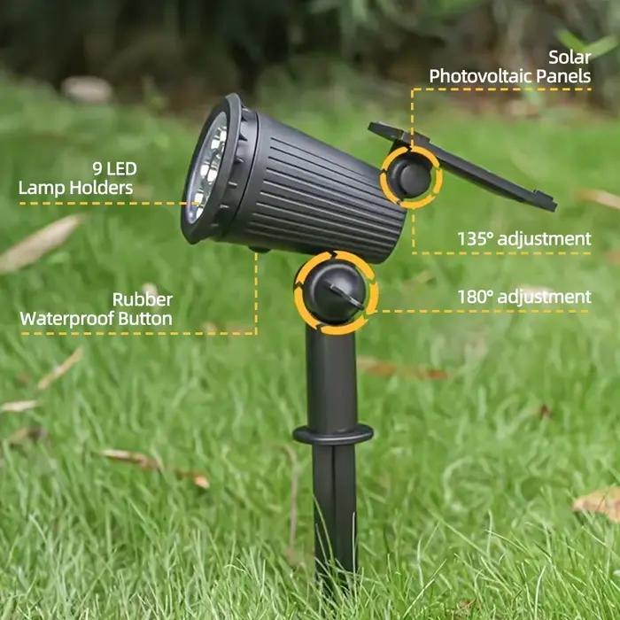 Spot Lumineux Solaire à 9 LED, Imperméable Conforme à la Norme IP65, Éclairage d'Extérieur RGB, Luminosité Réglable, Idéal pour un Jardin, une Cour ou des Palmiers
