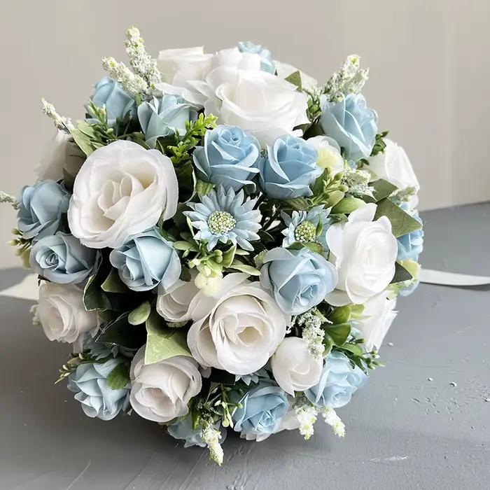 Bouquet de fleurs blanches et bleues pour mariage, accessoires de mariée, fleurs en soie, Roses artificielles, Bouquet de mariage pour mariée, demoiselle d'honneur