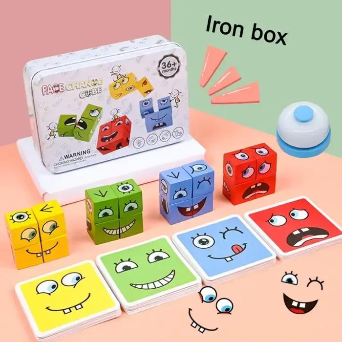 Cube visage changeant bois Puzzle blocs de construction jeu de société Montessori Expression