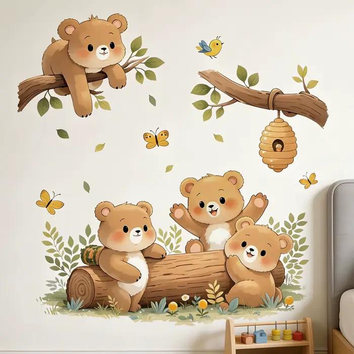 Autocollants muraux autocollants à motif de forêt et d'ours coquins pour porte coulissante, décoratifs pour chambre d'enfant