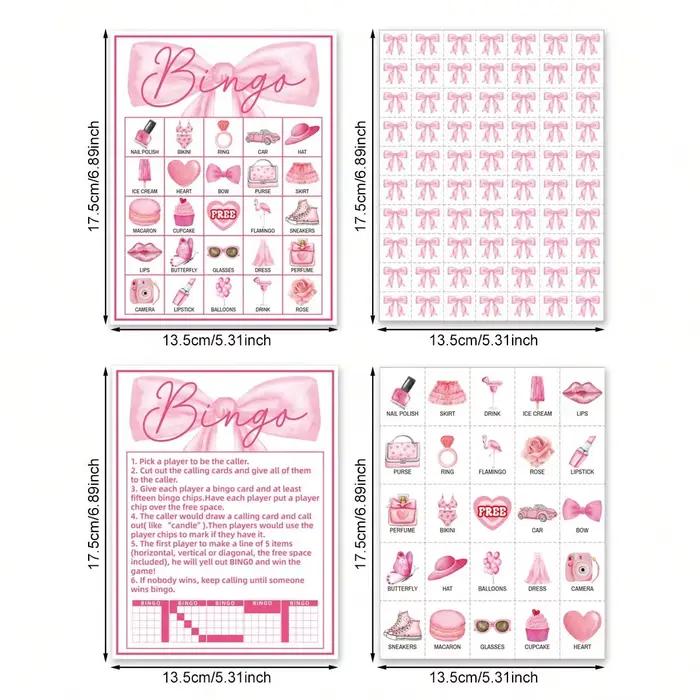 Cartes de jeu de bingo pour fête d'anniversaire avec nœud rose, jeux d'anniversaire rose vif pour 24 joueurs, jeu de cartes de bingo pour fournitures de fête