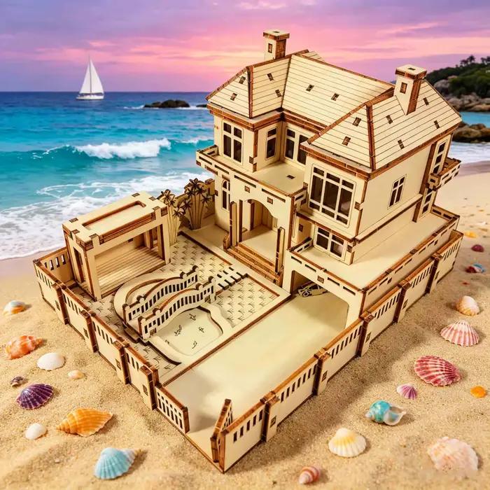 Puzzle 3D en bois - Modèle de maison de plage - Kit de montage de villa en bord de mer à faire soi-même - Décoration d'intérieur unique et cadeau de collection