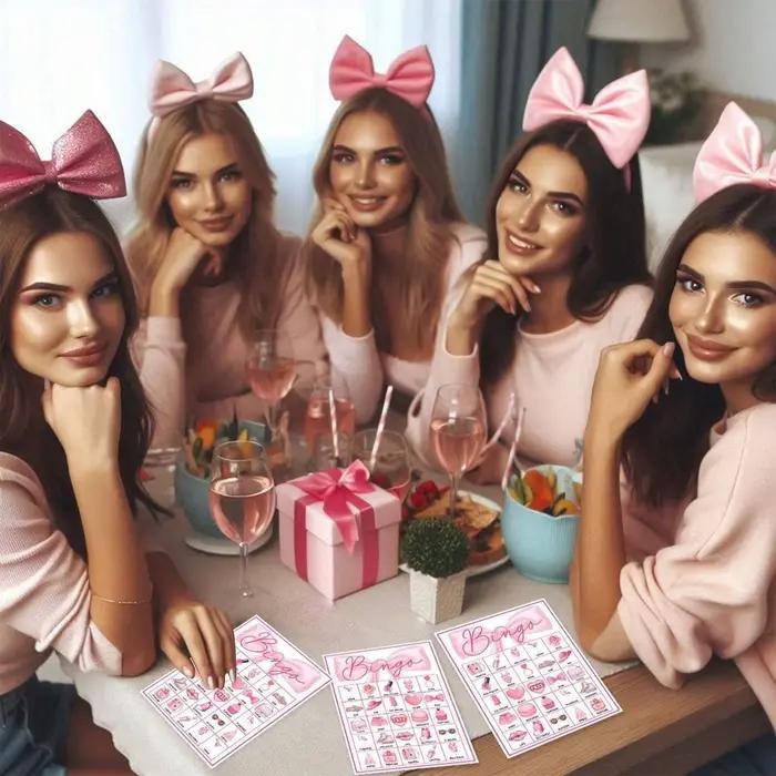 Cartes de jeu de bingo pour fête d'anniversaire avec nœud rose, jeux d'anniversaire rose vif pour 24 joueurs, jeu de cartes de bingo pour fournitures de fête