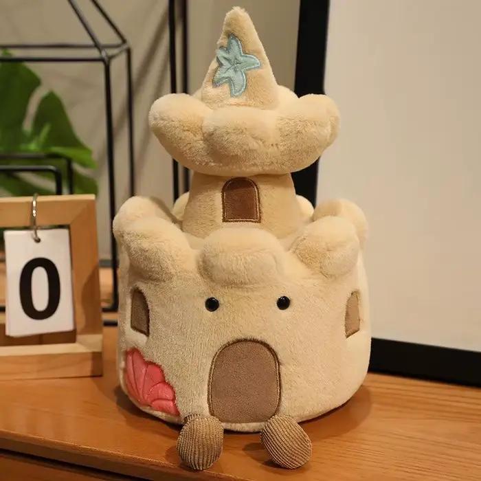 Jouet en peluche château de sable mignon, poupée en peluche douce en forme de château de dessin animé, peluche maison de plage Kawaii pour cadeau d'anniversaire, décoration intérieure créative