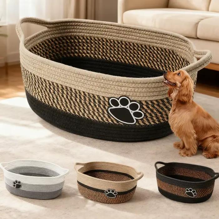 Panier de rangement pour jouets pour animaux de compagnie avec poignée. Tissage artisanal avec des empreintes de pattes de chien. Peut également stocker les jouets des enfants et les objets divers