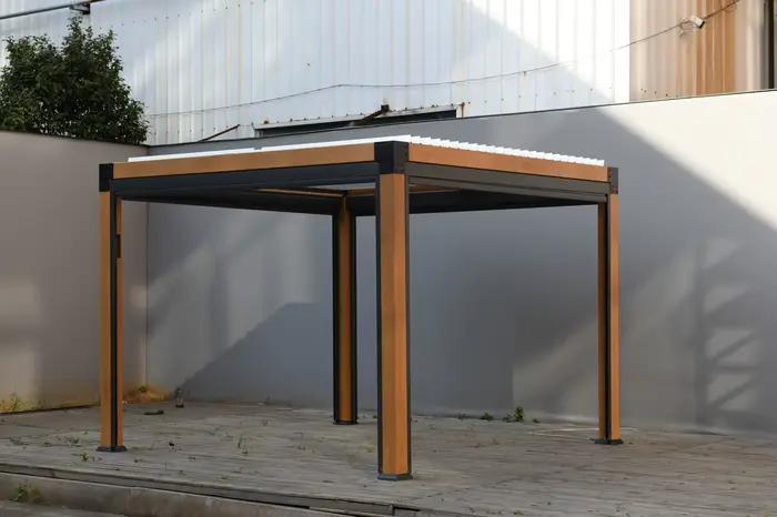 Pergola imperméable pour jardin de loisirs, Pergola motorisée à persiennes, Gazebo en aluminium, Pergola extérieure à grain de bois
