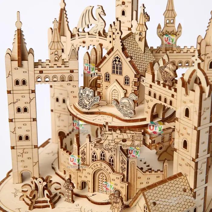 Ury Puzzle 3D en bois, boîte musicale octogonale, train rotatif, modèle de château, kit mécanique, décoration, jouet DIY, cadeau pour adulte