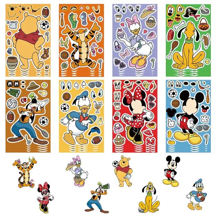 8/16 feuilles faire un visage Disney Mickey Minnie Mouse Puzzle autocollants dessin animé mignon assembler