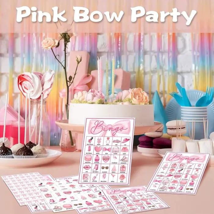 Cartes de jeu de bingo pour fête d'anniversaire avec nœud rose, jeux d'anniversaire rose vif pour 24 joueurs, jeu de cartes de bingo pour fournitures de fête