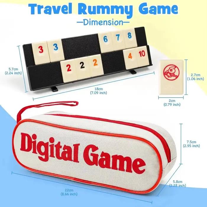 Jeu de Rummy Cube avec étui portable, ensemble de voyage pour jeux de société classiques en famille - Jeu de Rummy Cube avec 4 supports, 106 tuiles de Rummy