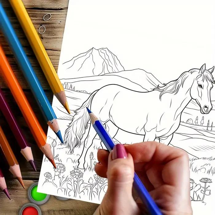 28 pages beau livre de coloriage du monde des chevaux pour la réduction du stress des adultes | Livre de coloriage pour soulager le stress et réduire l'humeur