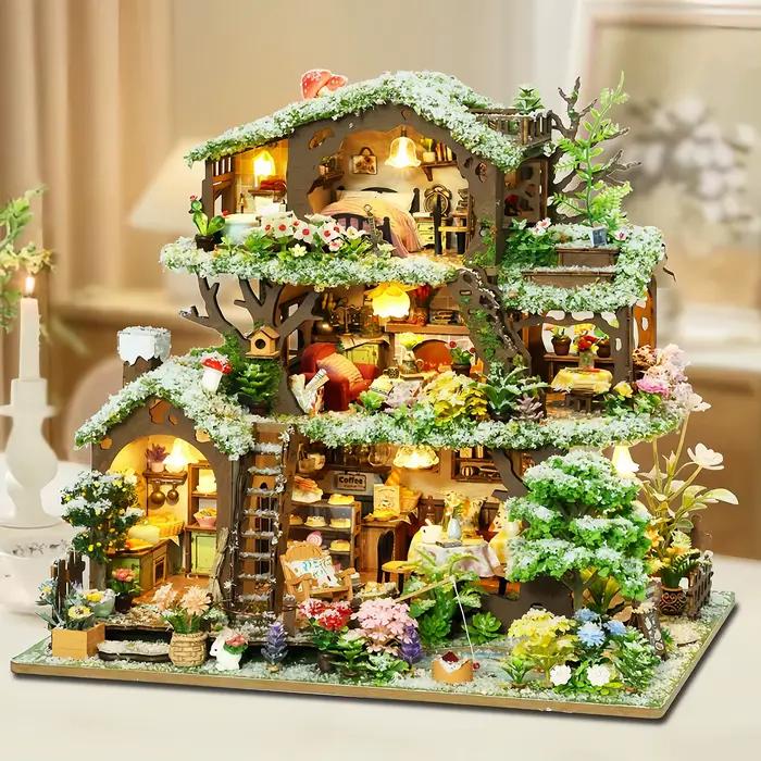 Kit de maison de poupée DIY en bois 3D, maisonnette de forêt hivernale faite à la main, décoration de maison miniature fantaisie, cadeau