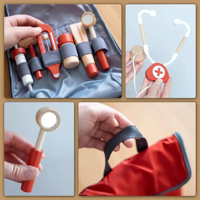 Trousse de docteur rouge en bois pour jeu d'imitation, jouets éducatifs pour enfants, ensemble de simulation médicale, coffret de médicaments pour jeux de rôle pour enfants