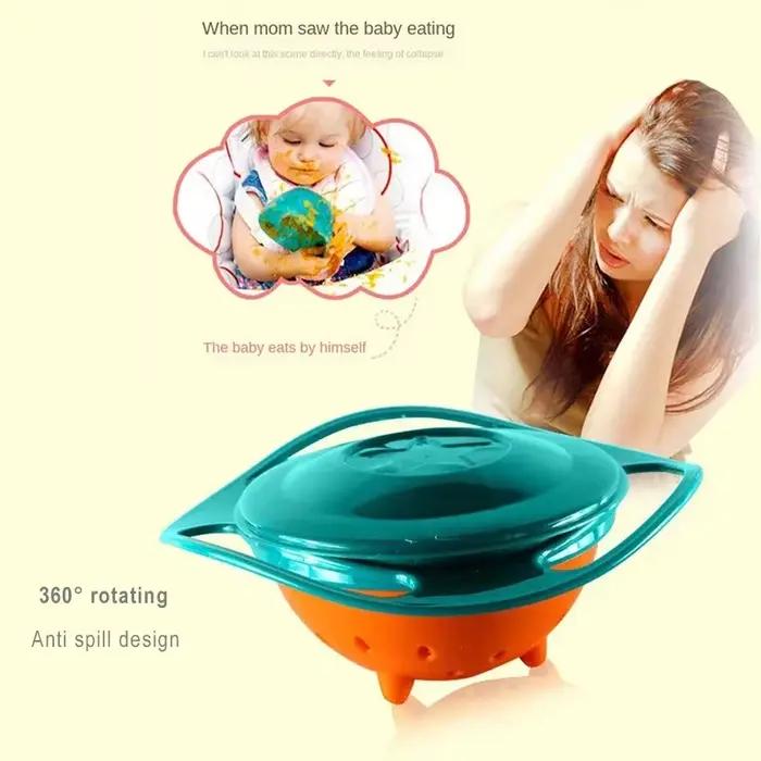 Bol gyroscopique universel anti-débordement 360 degrés pour enfants 3-6 ans avec trois poignées et couverture en plusieurs couleurs pour repas ludiques et sécurisés