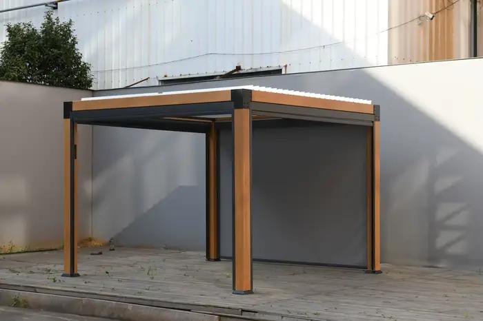 Pergola imperméable pour jardin de loisirs, Pergola motorisée à persiennes, Gazebo en aluminium, Pergola extérieure à grain de bois