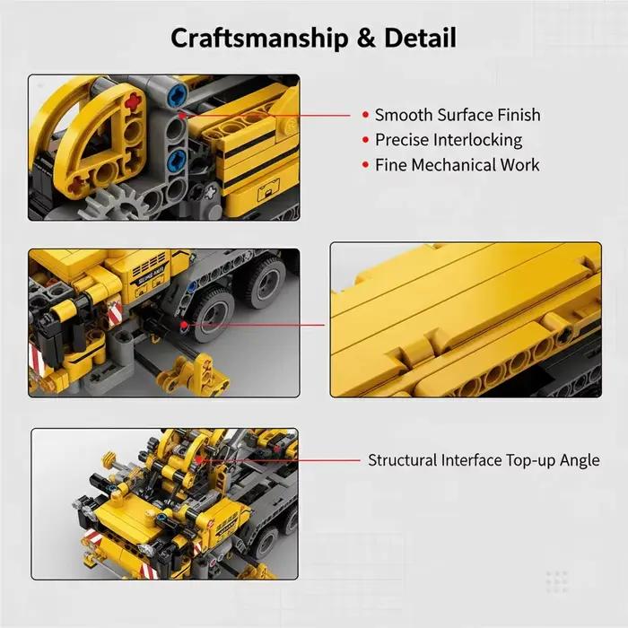 Série de blocs de construction en plastique ABS pour grue jaune et véhicules de chantier urbains.