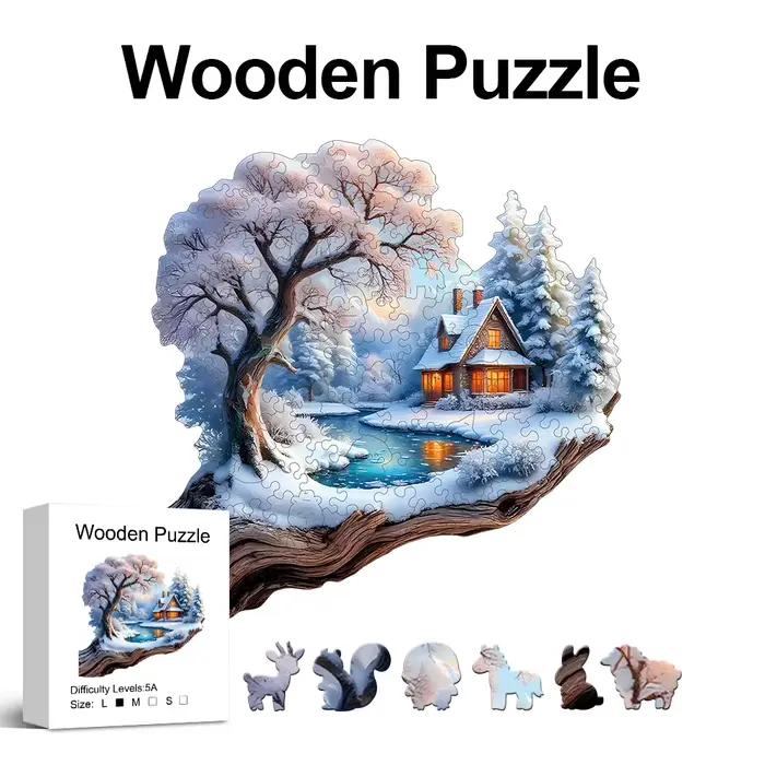 Puzzle en bois Treehouse in the Snow pour adultes