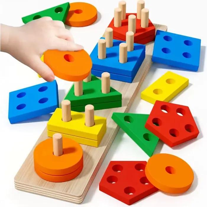 Jouets en bois Montessori, jeu de Puzzle assorti de couleurs et de formes, perles colorées, Cognition des couleurs, jouets éducatifs précoces, cadeau pour enfants