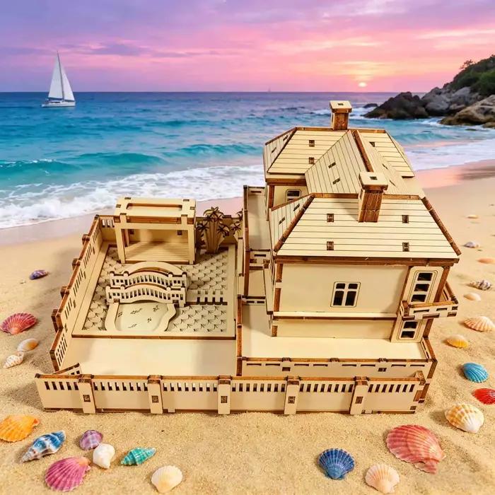 Puzzle 3D en bois - Modèle de maison de plage - Kit de montage de villa en bord de mer à faire soi-même - Décoration d'intérieur unique et cadeau de collection