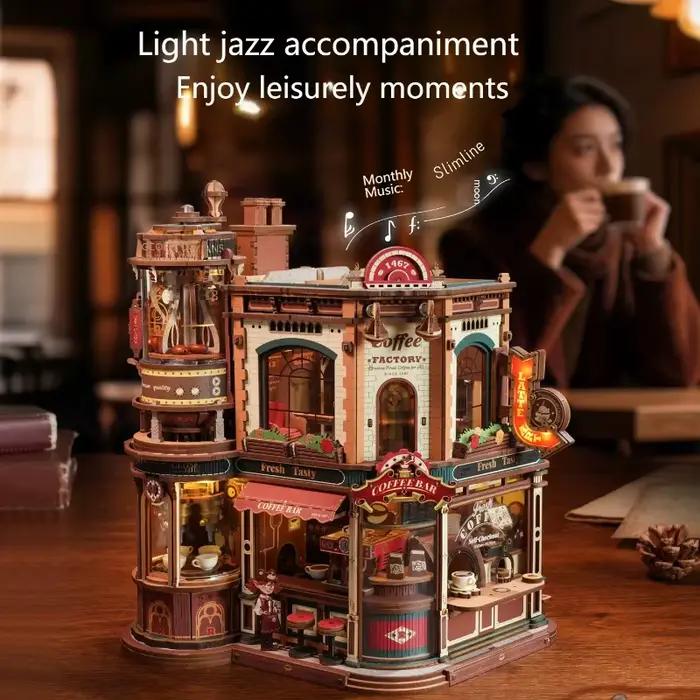 Puzzle en bois DIY Usine à café avec lumières et musique pour adultes, cadeau d'anniversaire, occasion spéciale, puzzle artisanal en bois, cadeau de collection, construction en bois, puzzle de construction, cadeau de Noël pour amateurs de café