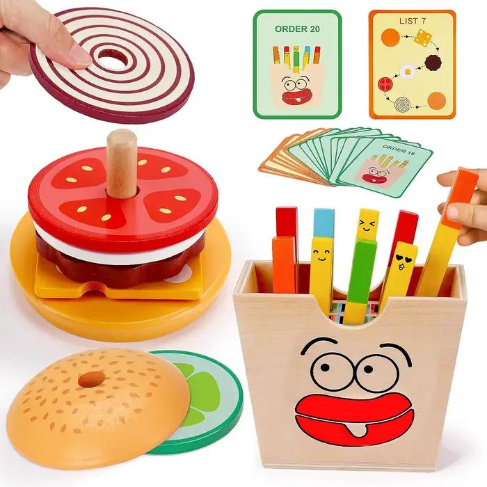 Jouet Montessori Sandwich à Hamburger en Bois Frites Tri Empilable Jeu Simulation Apprentissage Préscolaire Occasions Spéciales
