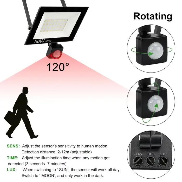 Éclairage LED PIR capteur de mouvement projecteur LED extérieur 10W 20W 30W 50W 100W IP66 étanche éclairage de jardin extérieur réverbère