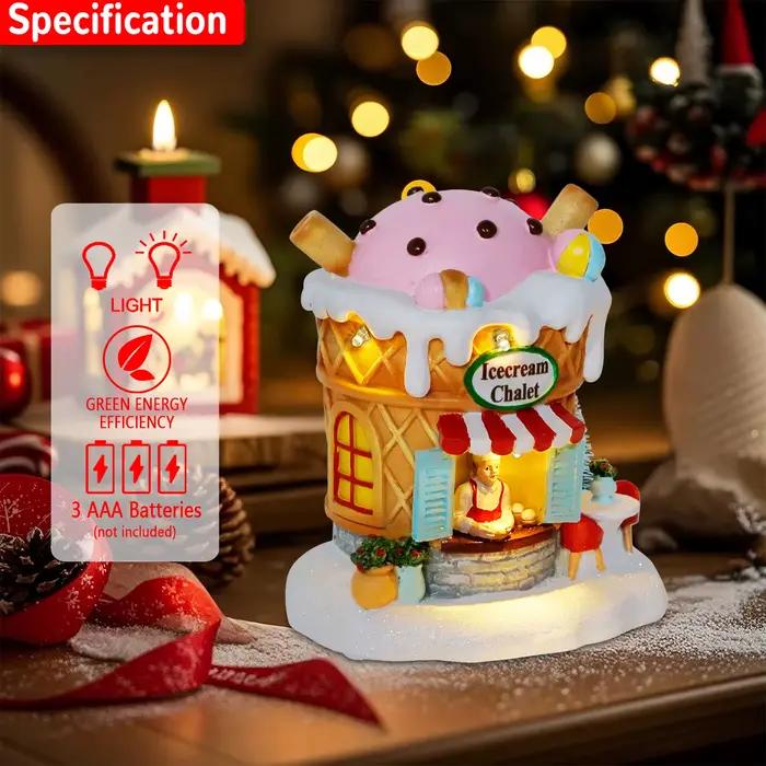 Chalet de crème glacée pré-éclairé en résine avec lumières LED pour décor de Noël intérieur, collectible, idéal pour fêtes, mariages, remerciements et Nouvel An