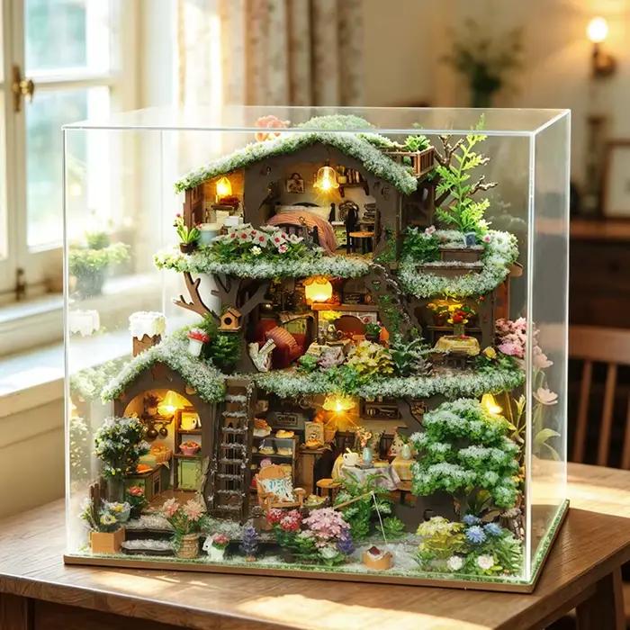 Kit de maison de poupée DIY en bois 3D, maisonnette de forêt hivernale faite à la main, décoration de maison miniature fantaisie, cadeau