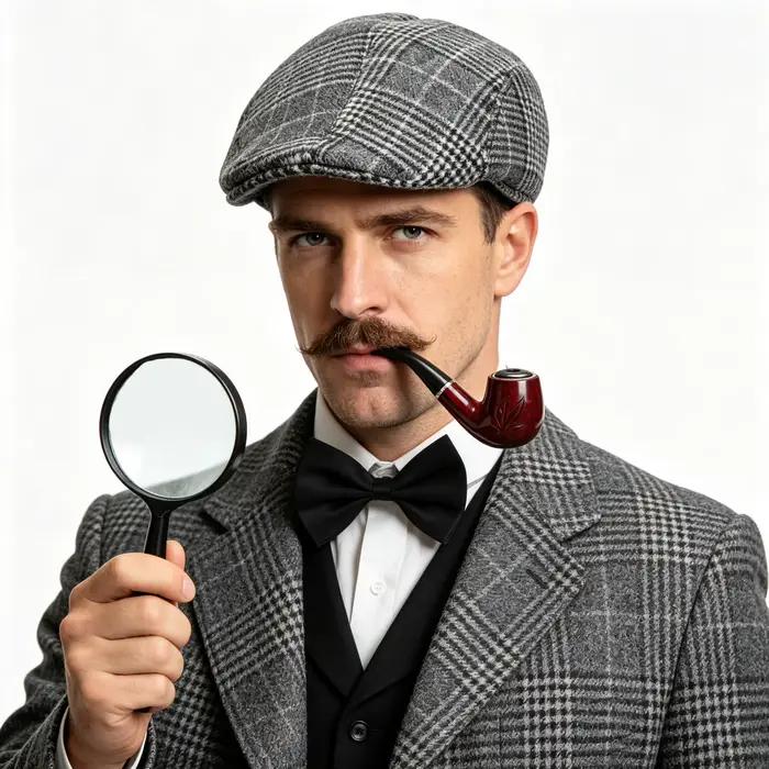 Ensemble d'accessoires de costume de détective 4 pièces - Chapeau de newsboy à carreaux, nœud papillon noir, fausse pipe et loupe pour hommes Sherlock Holmes