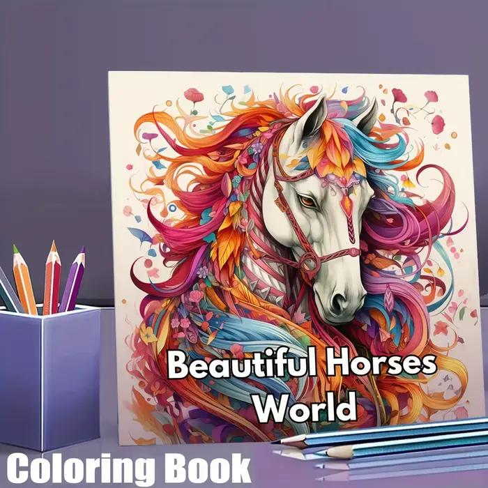 28 pages beau livre de coloriage du monde des chevaux pour la réduction du stress des adultes | Livre de coloriage pour soulager le stress et réduire l'humeur