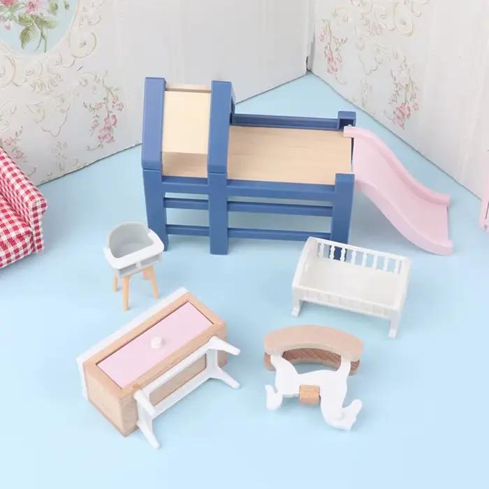 1/12 maison de poupée bébé chambre meubles accessoires toboggan/Cheval de Troie/Table/chaise de salle à manger/lit pour enfants semblant jouer jouet
