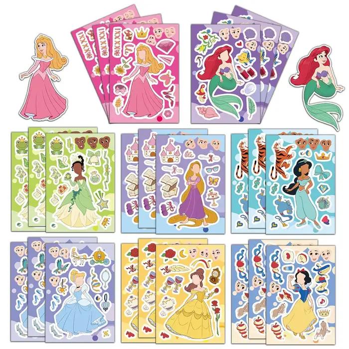 Autocollants puzzle mignons de princesses Disney, 8/16/24 feuilles, pour créer des visages, amusants, à assembler soi-même, éducatifs, décoratifs, jouets