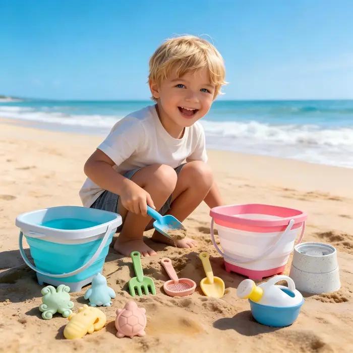 Ensemble de jouets de plage pour enfants, seau et pelles pliables en silicone avec moules à sable, essentiels de plage pour les jeux en plein air en été