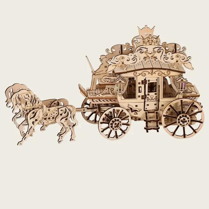Kit de puzzle 3D chariot à cheval artisanal en bois blanc pour adultes et adolescents occasion décoration festive et cadeau spécial