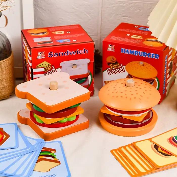 Jouet Montessori Sandwich à Hamburger en Bois Frites Tri Empilable Jeu Simulation Apprentissage Préscolaire Occasions Spéciales