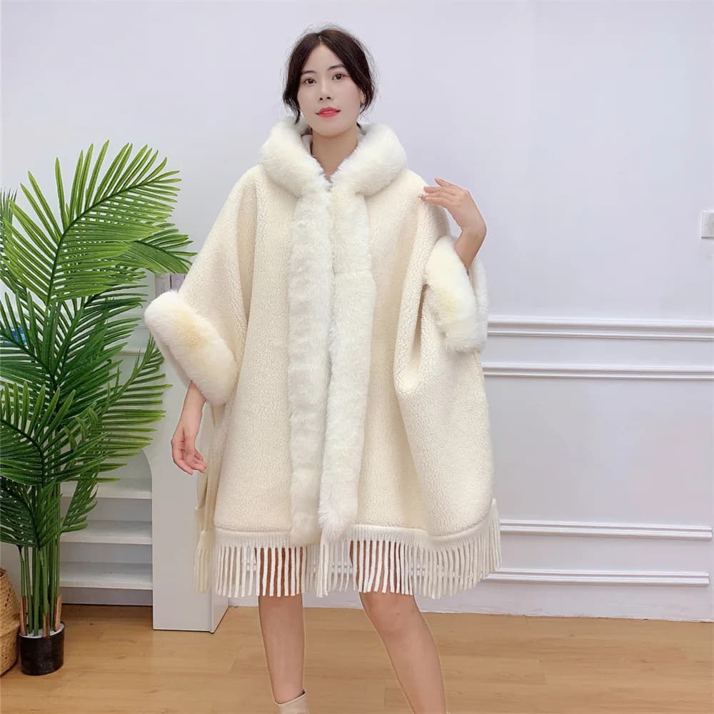 Poncho en velours avec chapeau à capuche et pompon, cape épaisse, pardessus à carreaux adt, fausse f