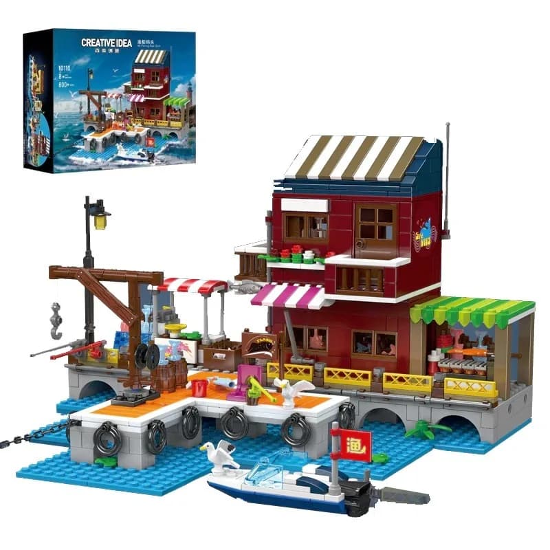 Bâtiments modulaires MOC 10110, Dock de bateau de pêche, modèle d'architecture, blocs de constructio