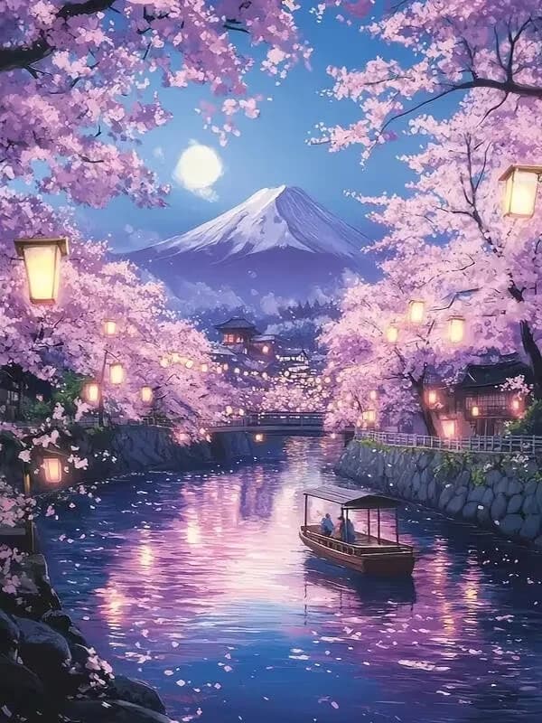 Puzzle de navigation fluviale du Mont Fuji et des fleurs de cerisier nocturnes, paysage japonais ave