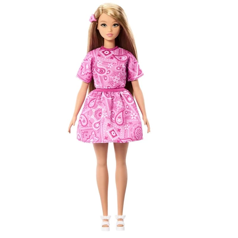 Poupée Barbie Fashionistas originale, cheveux blonds, vêtements rose à motifs Paisley, chemise, sand